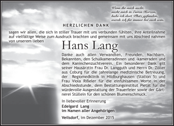 Traueranzeige von Hans Lang von Südthüringer Presse