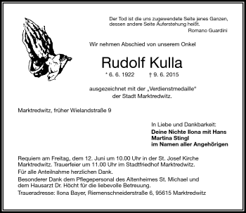 Traueranzeige von Rudolf Kulla von Frankenpost