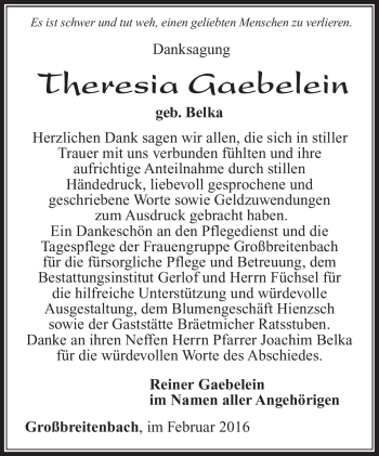 Traueranzeige von Theresia Gaebelein von Südthüringer Presse