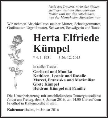 Traueranzeige von Herta Elfriede Kümpel von Südthüringer Presse