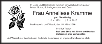 Traueranzeige von Anneliese Kramme von Frankenpost