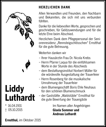 Traueranzeige von Liddy Luthardt von Südthüringer Presse