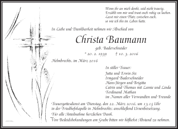 Traueranzeige von Christa Baumann von Frankenpost