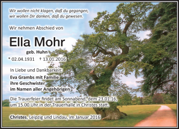 Traueranzeige von Ella Mohr von Südthüringer Presse