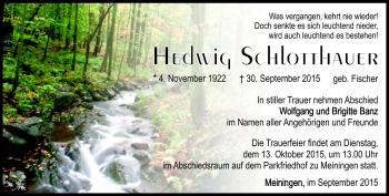 Traueranzeige von Hedwig Schlotthauer von Südthüringer Presse