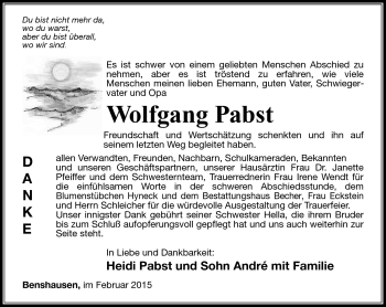 Traueranzeige von Wolfgang Pabst von Südthüringer Presse
