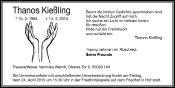 Traueranzeige von Thanos Kießling von Frankenpost