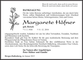 Traueranzeige von Margarete Häfner von 26011