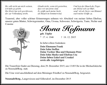 Traueranzeige von Ilona Hofmann von Südthüringer Presse