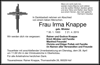 Traueranzeige von Irma Knappe von Frankenpost