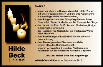 Traueranzeige von Hilde Beck von Südthüringer Presse