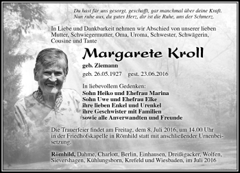 Traueranzeige von Margarete Kroll von Südthüringer Presse