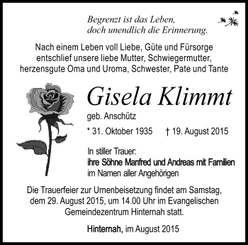 Traueranzeige von Gisela Klimmt von Südthüringer Presse