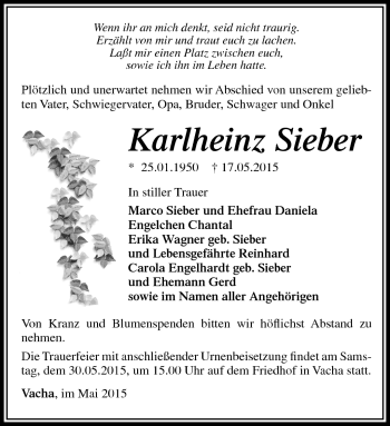 Traueranzeige von Karlheinz Sieber von Südthüringer Presse