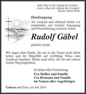 Traueranzeige von Rudolf Gäbel von Südthüringer Presse