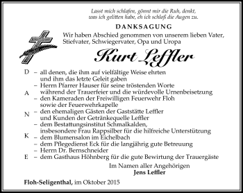 Traueranzeige von Kurt Leffler von Südthüringer Presse