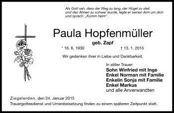 Traueranzeige von Paula Hopfenmüller von Neue Presse Coburg