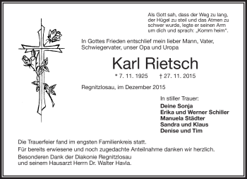 Traueranzeige von Karl Rietsch von Frankenpost