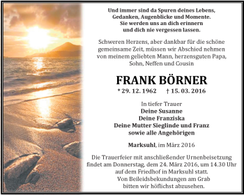 Traueranzeige von Frank Börner von Südthüringer Presse
