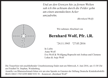Traueranzeige von Bernhard Wolf von Frankenpost