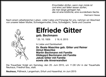 Traueranzeige von Elfriede Gitter von Südthüringer Presse