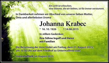 Traueranzeige von Johanna Krabec von Südthüringer Presse
