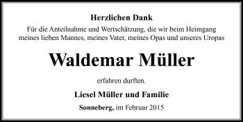 Traueranzeige von Waldemar Müller von Südthüringer Presse