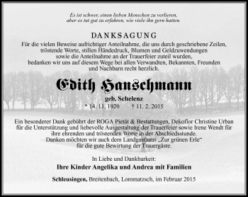 Traueranzeige von Edith Hanschmann von Südthüringer Presse