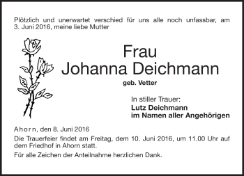 Traueranzeige von Johanna Deichmann von Neue Presse Coburg