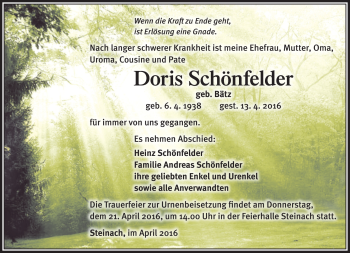 Traueranzeige von Doris Schönfelder von Südthüringer Presse