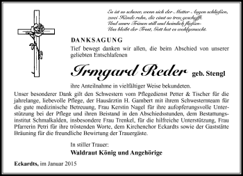Traueranzeige von Irmgard Reder von Südthüringer Presse