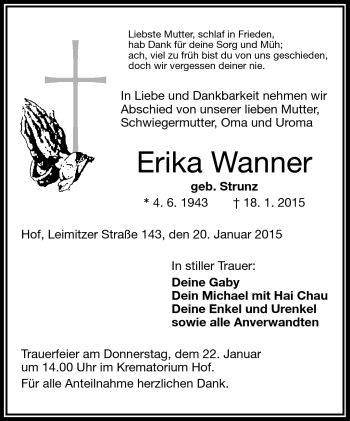 Traueranzeige von Erika Wanner von Frankenpost
