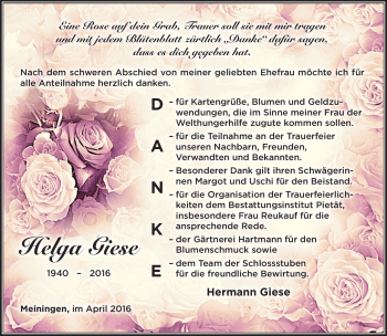 Traueranzeige von Helga Giese von Südthüringer Presse