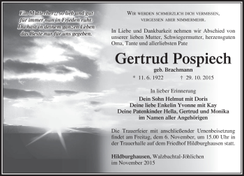 Traueranzeige von Gertrud Pospiech von Südthüringer Presse
