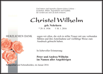 Traueranzeige von Christel Wilhelm von Südthüringer Presse