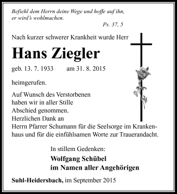 Traueranzeige von Hans Ziegler von Südthüringer Presse