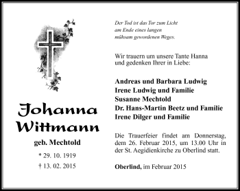 Traueranzeige von Johanna Wittmann von Südthüringer Presse