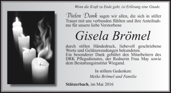 Traueranzeige von Gisela Brömel von Südthüringer Presse