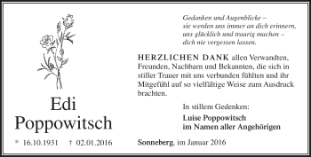 Traueranzeige von Edi Poppowitsch von Südthüringer Presse