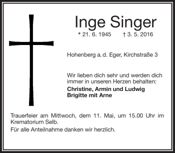 Traueranzeige von Inge Singer von Frankenpost