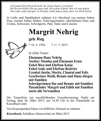 Traueranzeige von Margrit Nehrig von Südthüringer Presse
