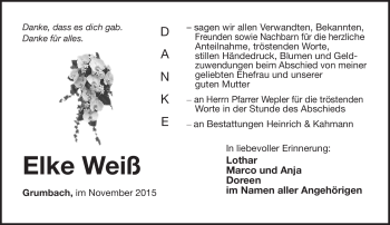 Traueranzeige von Elke Weiß von Südthüringer Presse