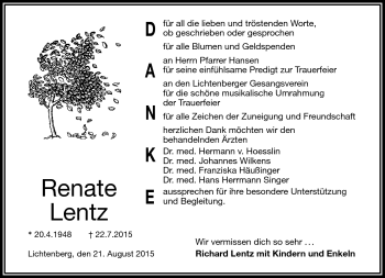 Traueranzeige von Renate Lentz von Frankenpost