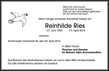 Traueranzeige von Reinhilde Ries von Frankenpost