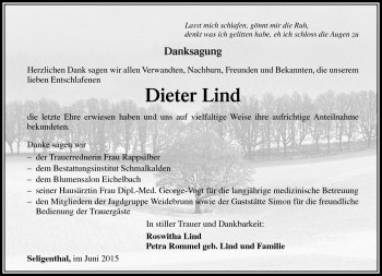 Traueranzeige von Dieter Lind von Südthüringer Presse
