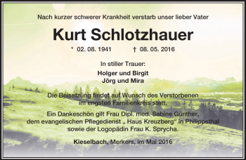Traueranzeige von Kurt Schlotzhauer von Südthüringer Presse