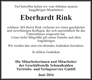 Traueranzeige von Eberhardt Rink von Südthüringer Presse