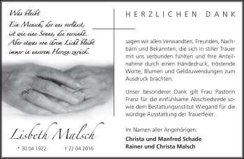 Traueranzeige von Lisbeth Malsch von Südthüringer Presse