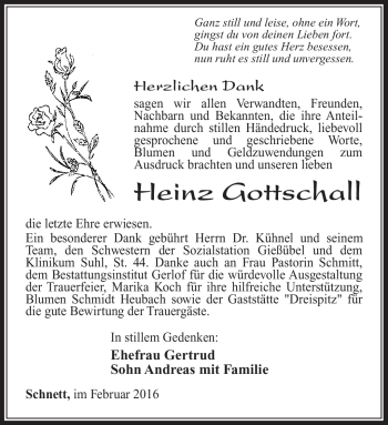 Traueranzeige von Heinz Gottschall von Südthüringer Presse
