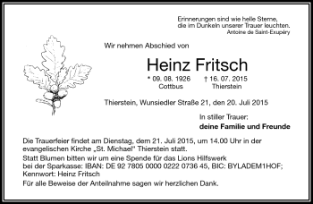 Traueranzeige von Heinz Fritsch von Frankenpost